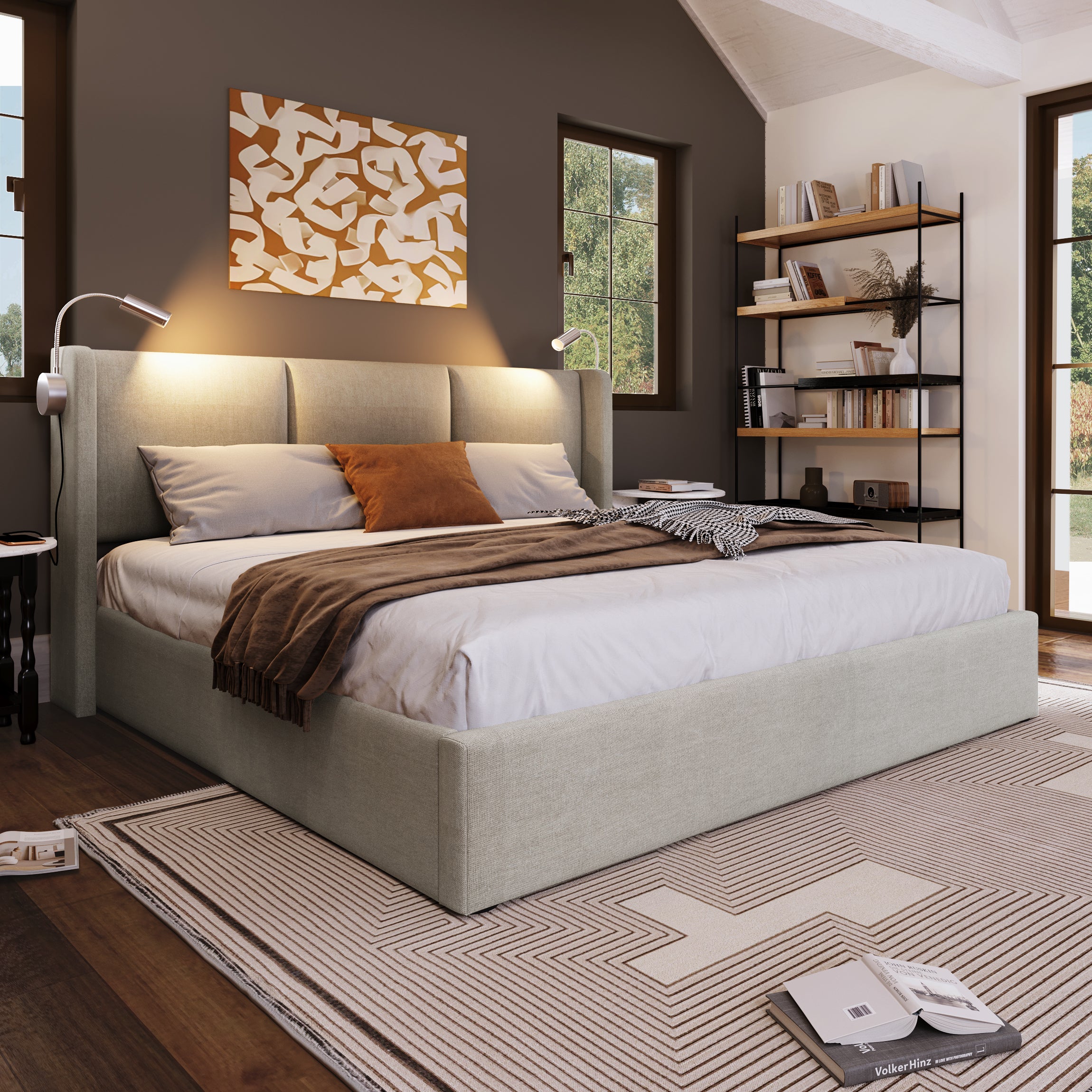 Polsterbett Doppelbett Stauraum Bettkasten Leselicht Mit USB Ladefunktion Kopfteil,Stauraumbetten Bettgestell Aus Leinenmaterial Jugendbett 140x200 Mit Lattenrost Mit Matratze