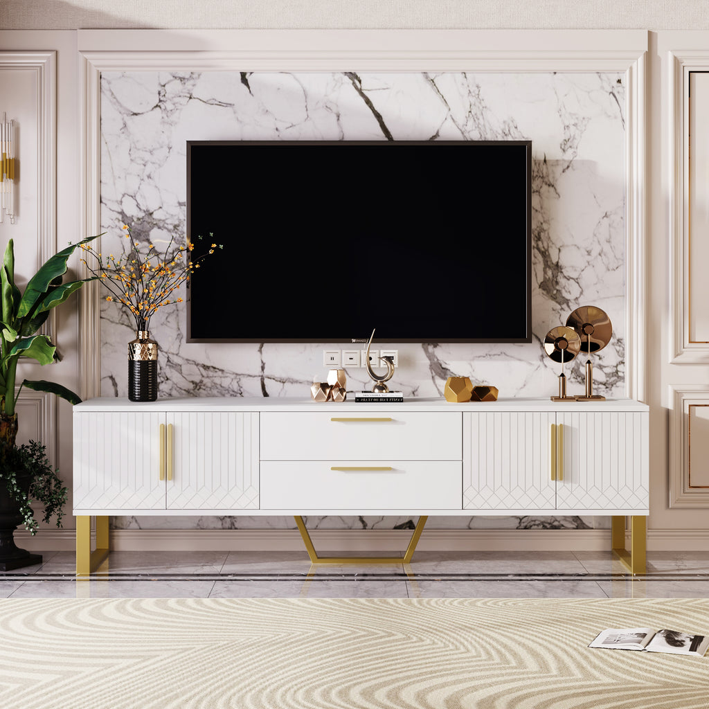 High-Gloss TV Stand Floor-Standing, Gold Handles And Legs, Door With Engraved Texture, Living Room Storage Solution A Perfect Blend Of Elegance, Luxury, And Functionality