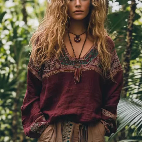 Ethnic-style Casual V-neck Long-sleeve Blouse