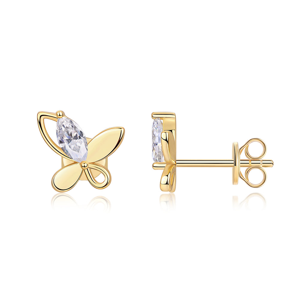 S925 Sterling Silver Gold Plated Abstract Butterfly Stud Earrings, 0.6ct D-VVS1 Moissanite, 1.7g Women's Jewelry Gift Box