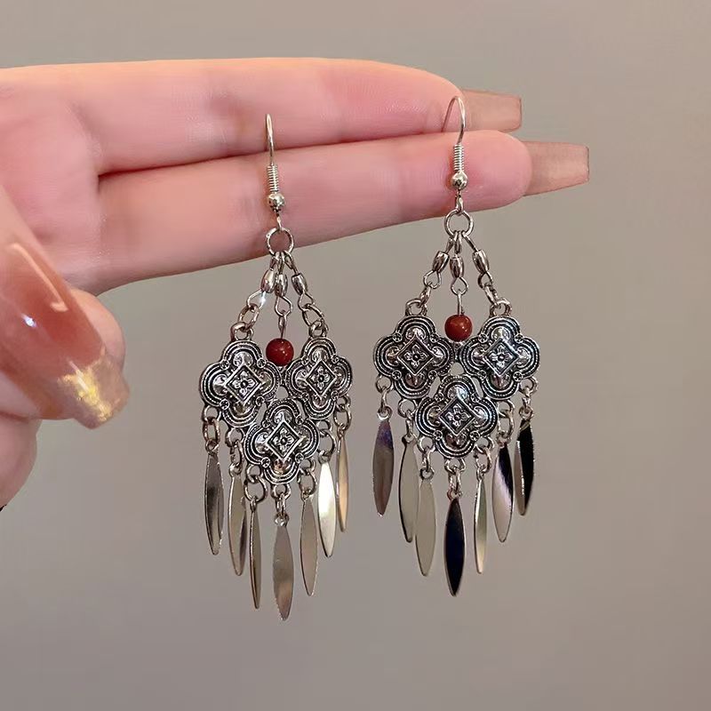 Ethnic Tibetan Silver Long Tassel Dangle Earrings For Women, Retro Exaggerated Miao Silver Exotic High-grade Temperament Ear Jewelry