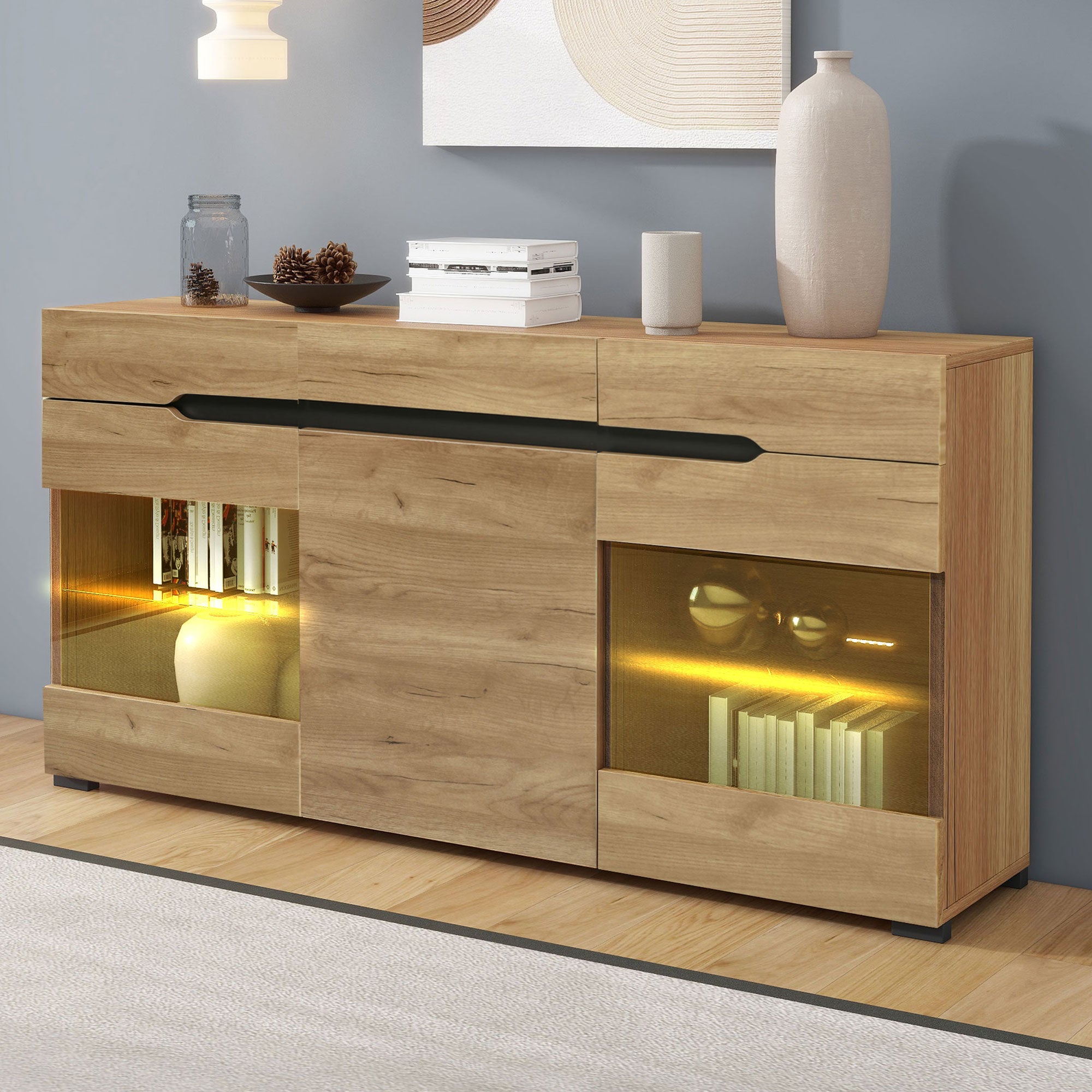 LED Sideboard Cabinet Modern Living Room Credenza Furniture 3 Doors 3 Drawers Modern Dresser With Plenty Of Storage For Your Living Area