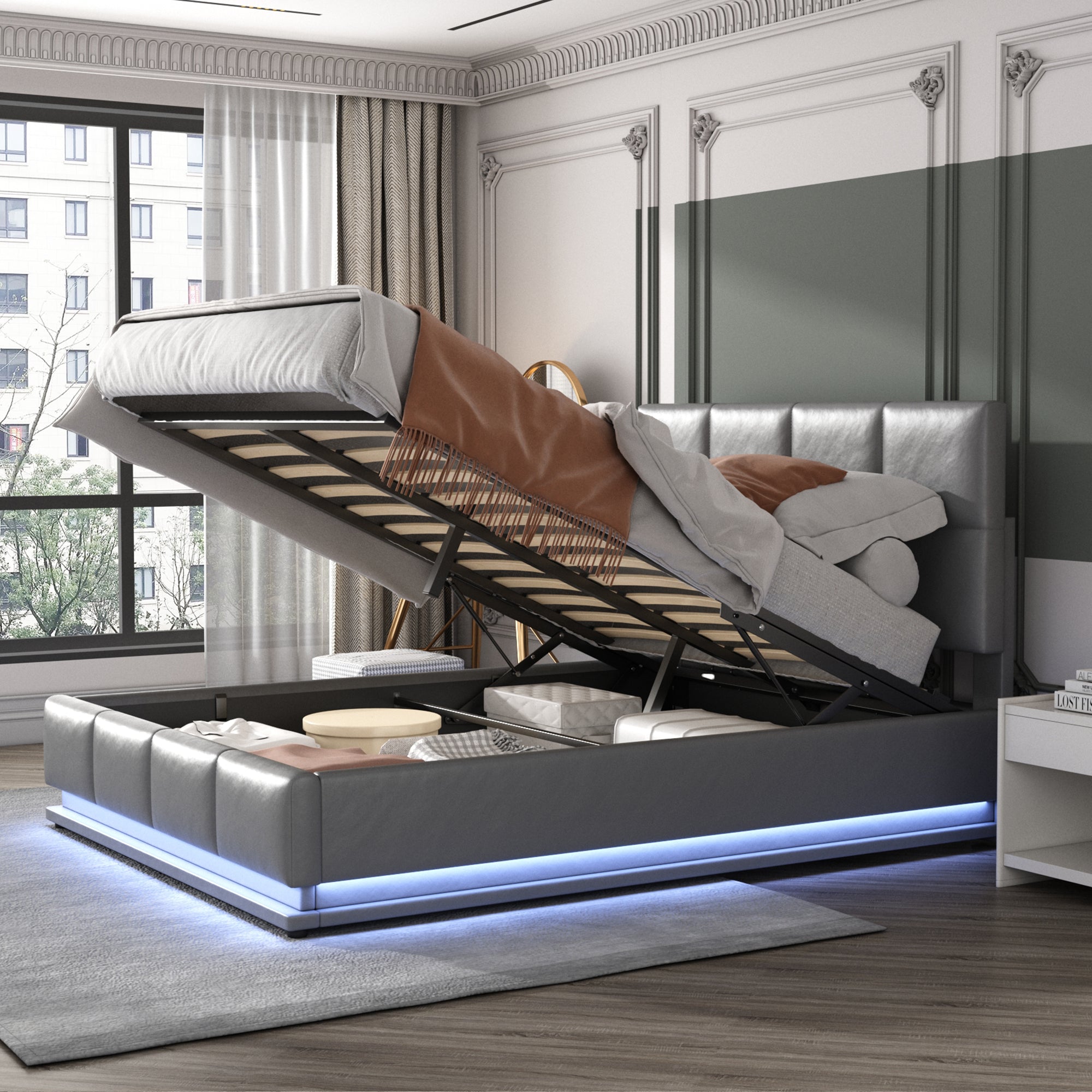 Upholstered Bed 140x200 Cm With LED Lighting & Hydraulically Liftable Bed Storage Space, Bed Base & Slatted Frame Cover Made Of  Leather Double Bed  Youth Bed Grey