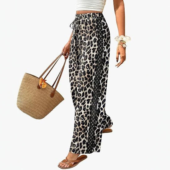 Womens Drawstring-waist Patchwork-lace Casual Loose-fitting Wide-leg Pants With Pockets