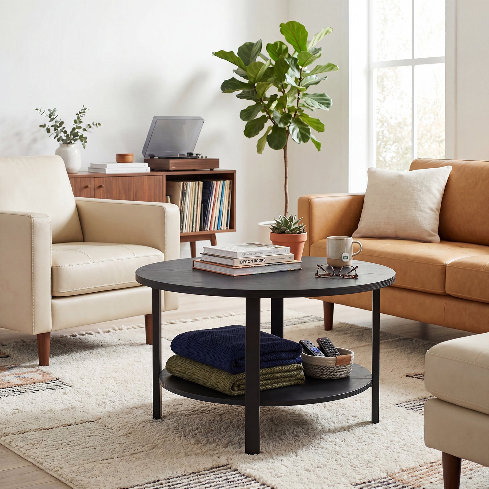31.5in Round Coffee Table 2 Tier Center Table With Storage Easy Assembly For Living Room Home Office Black