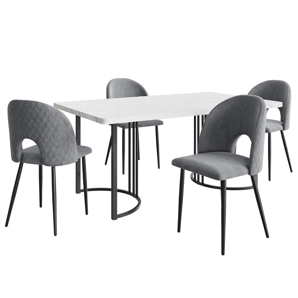 Dining Set, Set, 140x80cm Dining Table With 4 Chairs Modern Kitchen Table Set, Velvet Dining Chair With Diamond Pattern, Adjustable Chair Legs, Gray Velvet, MDF Tabletop In White, Black Table Legs