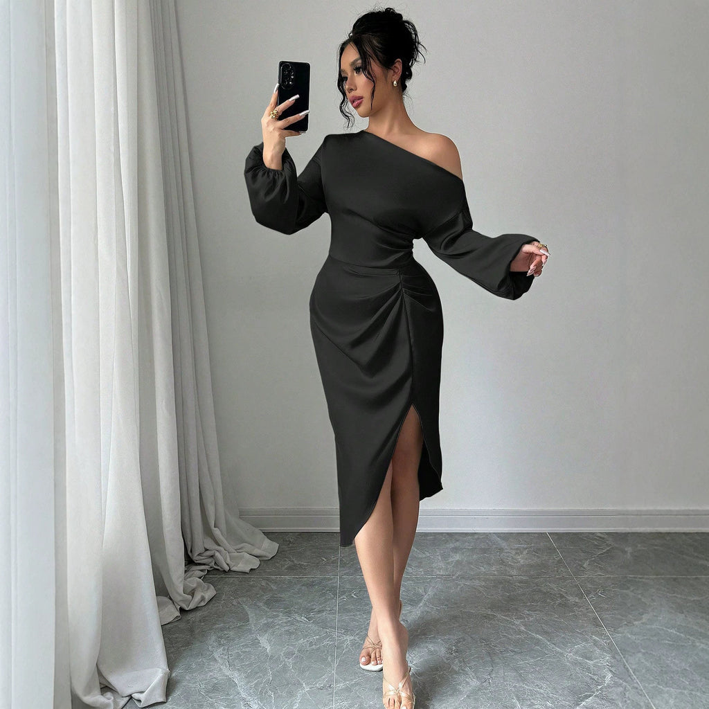 Off Shoulder Long Sleeve Dress With A Slanted Neckline