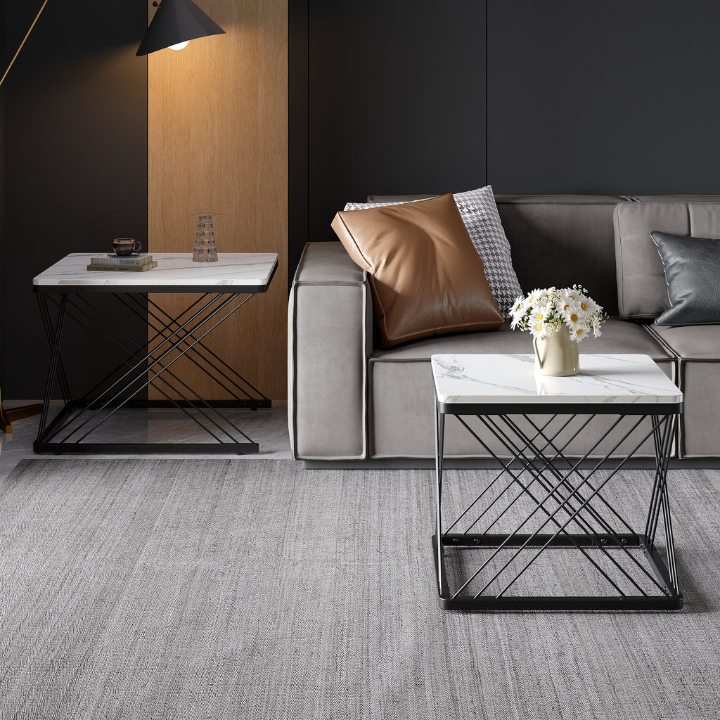 Stylish 2-piece Coffee Table Set, Square Tables In 60x60x45cm & 45X45X40cm, High-gloss Marble Look, Height-adjustable Feet, Loadable Up To 30kg, High-gloss Combi Coffee Table