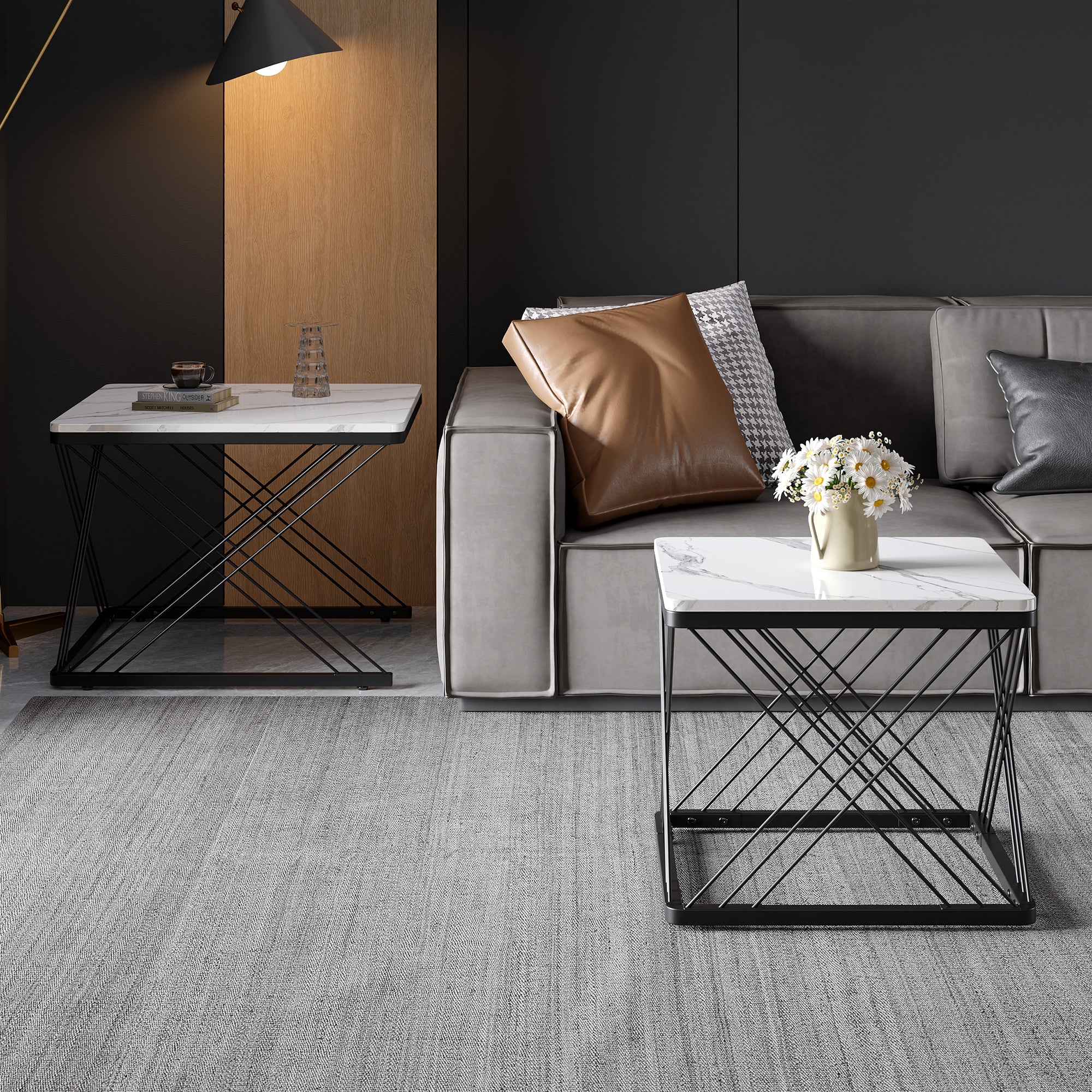 Stylish 2-piece Coffee Table Set, Square Tables In 60x60x45cm & 45X45X40cm, High-gloss Marble Look, Height-adjustable Feet, Loadable Up To 30kg, High-gloss Combi Coffee Table