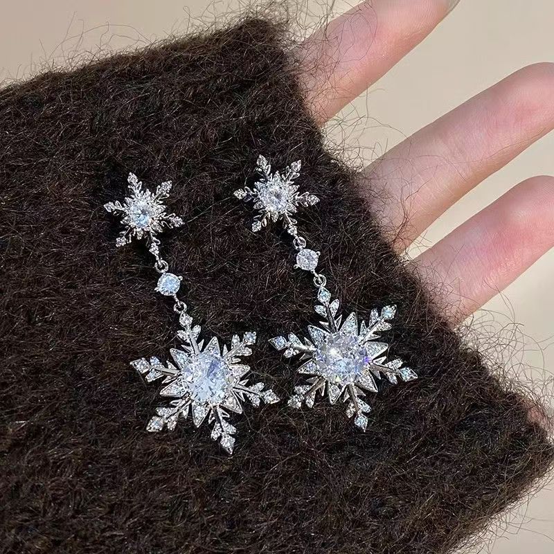 2026 New Bestseller Full Paved Rhinestone Double Snowflake Tassel Drop Earrings, Elegant Exquisite Luxury Women's Stud Ear Jewelry