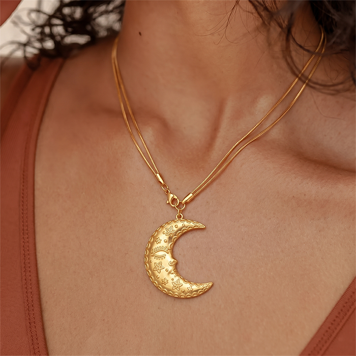 Double Layer Moon Face Pendant Necklace For Women, 18K Gold Plated Stainless Steel Snake Chain Choker, Celestial Boho Starry Jewelry Gift