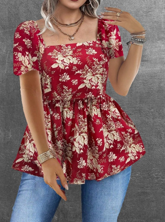 Womens Casual Short Square-neck Floral Top