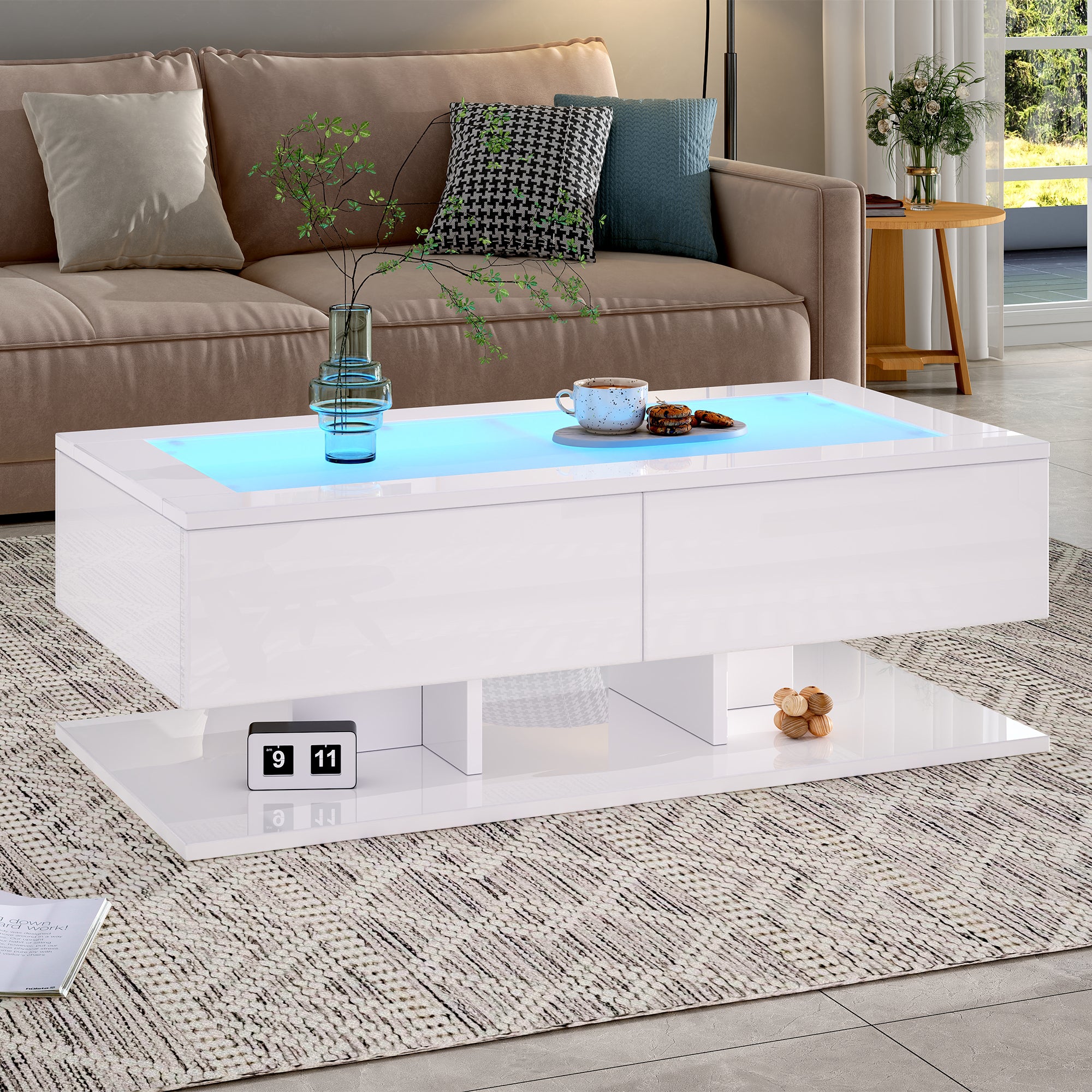 Coffee Table, High-gloss Sofa Table, Living Room Table With Drawers, Coffee Table With LED Light, Glass Top, White