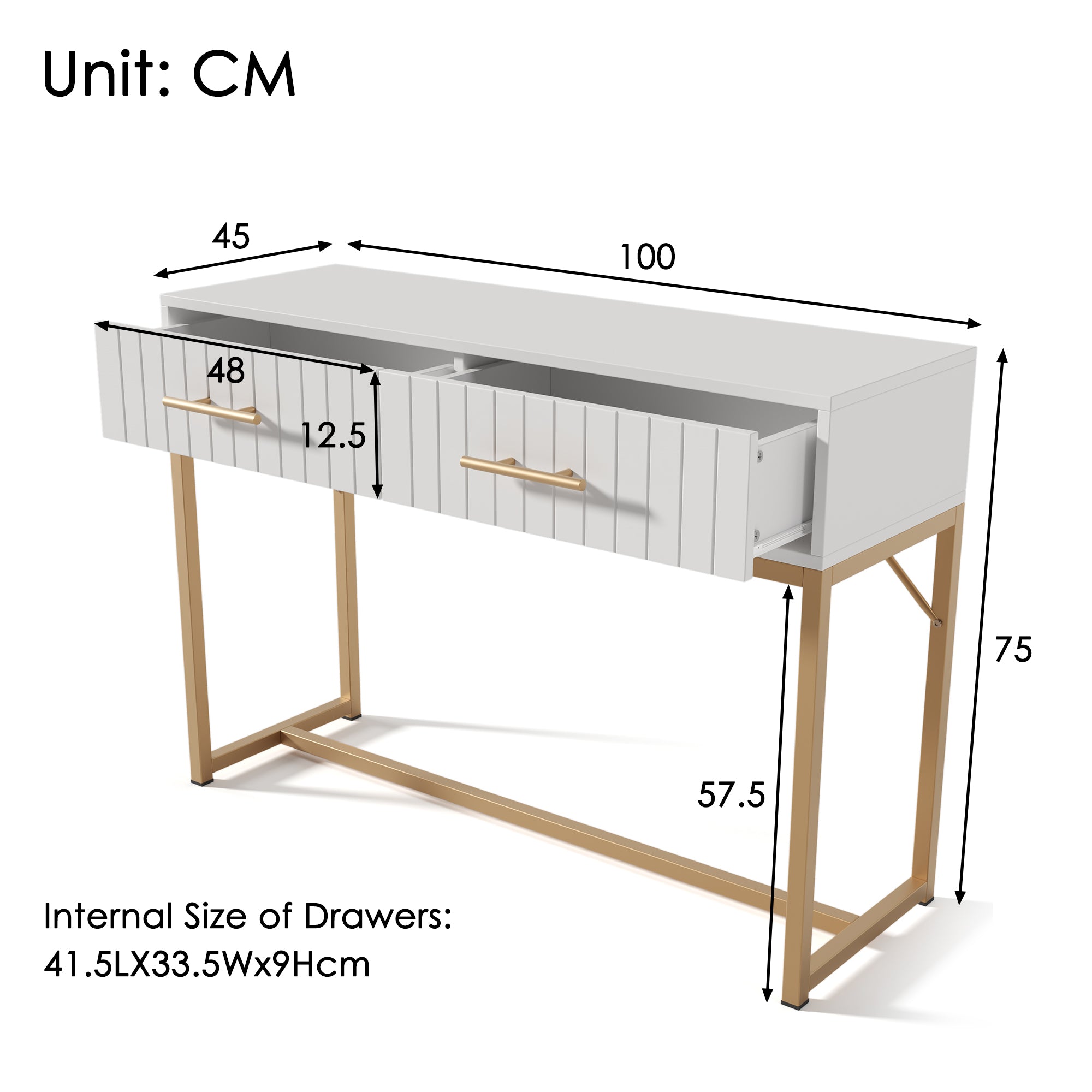 Dressing Table With 2 Drawers 75cm Height ,Chest Of Drawers Bedroom Highboard White Sideboard Drawer Chest Of Drawers Chest Of Drawers For Bedroom, White -H75  W100  D45 Cm