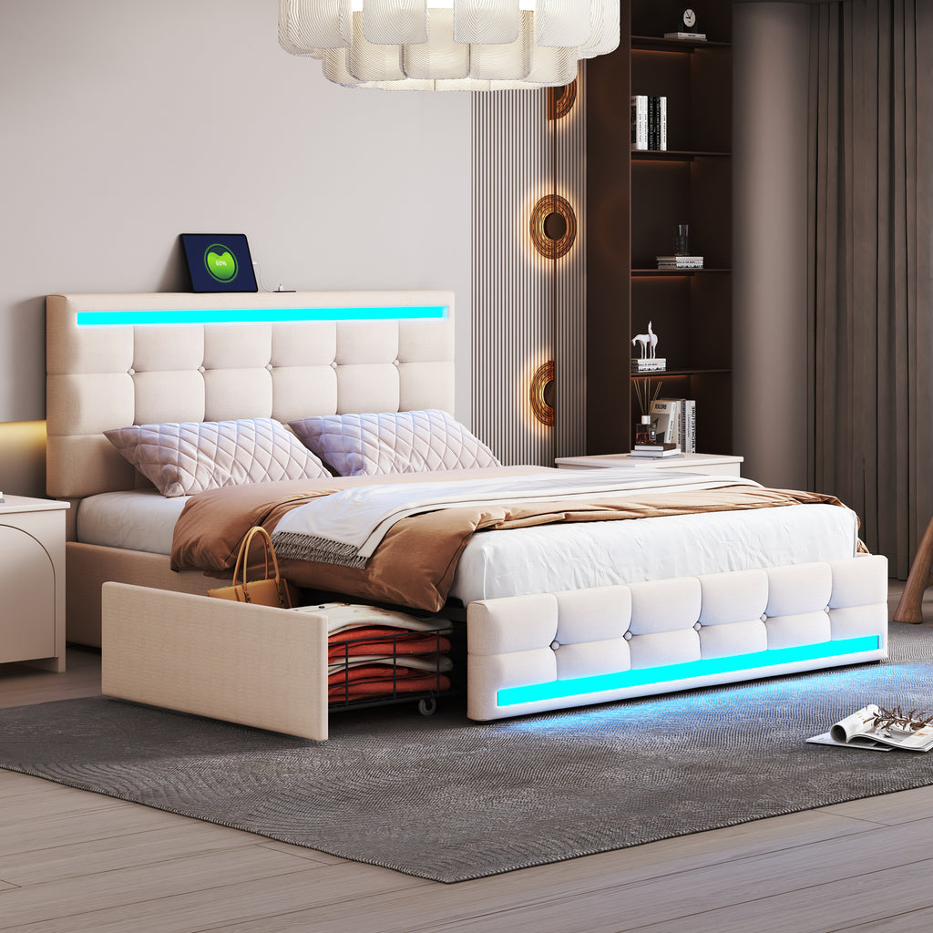 Upholstered Bed 140x 200 LED Upholstered Bed With 4 Drawers And 2 USB Charging Stations, Bed Frame With LED Head Part Foot Part, Upholstered Platform Bed With Storage Space, Linen Beige