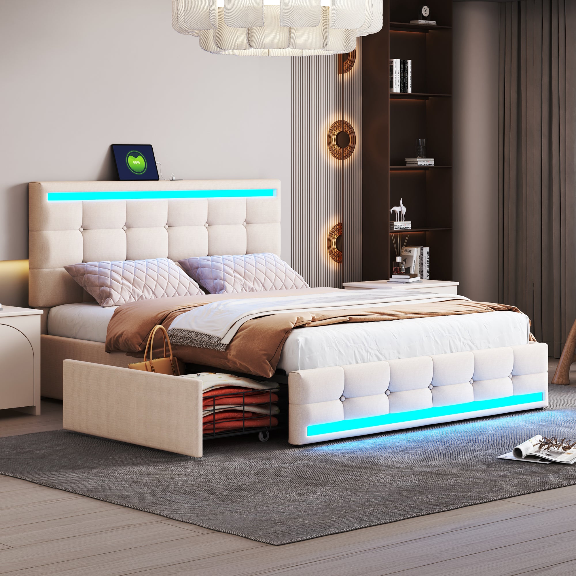 Upholstered Bed 140x 200 LED Upholstered Bed With 4 Drawers And 2 USB Charging Stations, Bed Frame With LED Head Part Foot Part, Upholstered Platform Bed With Storage Space, Linen Beige