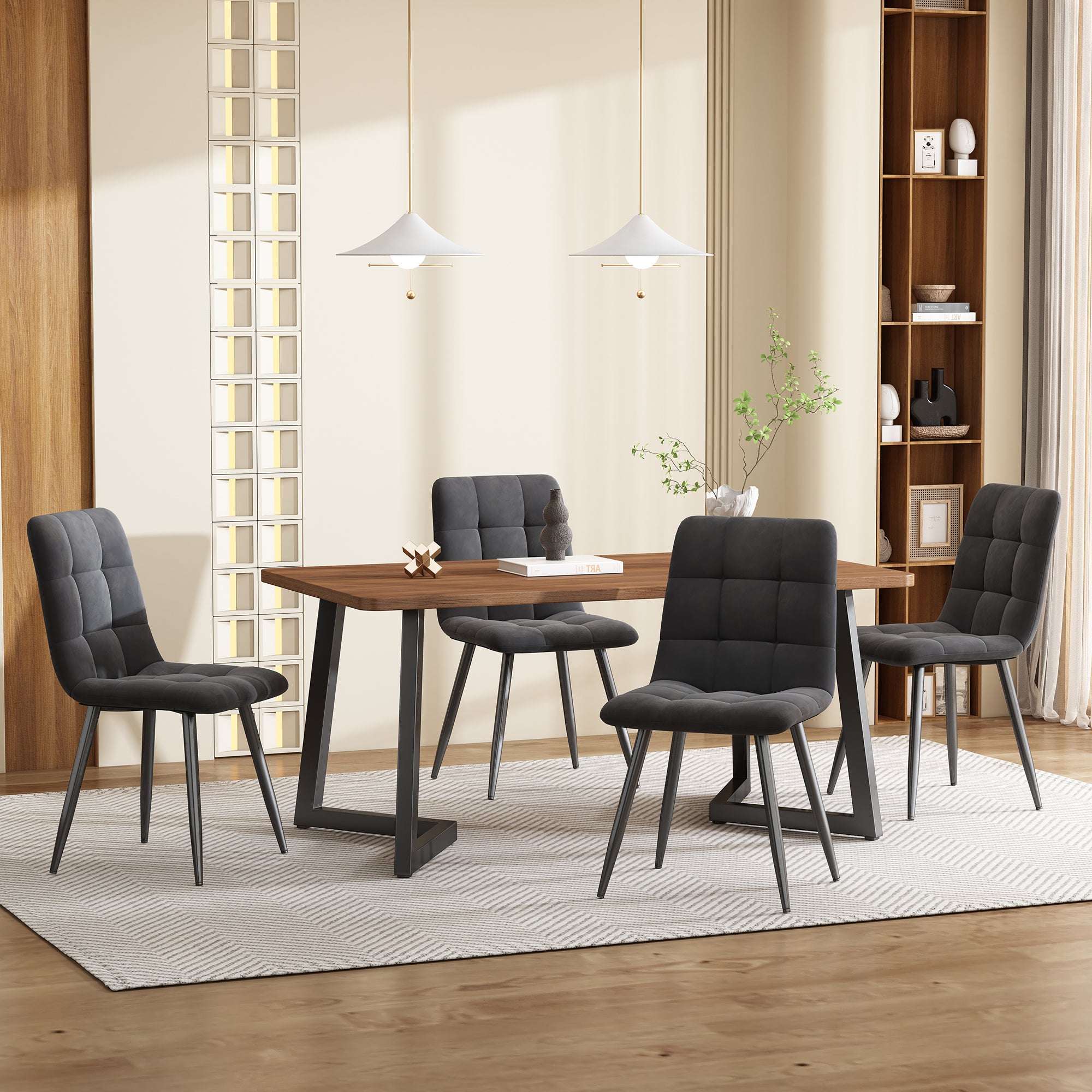 5-piece Dining Set With Table And 4 Chairs, Modern Kitchen Table Set, Wood Grain Kitchen Table With Black Metal Legs, MDF Tabletop In Walnut Color, Dark Gray Velvet Dining Chairs
