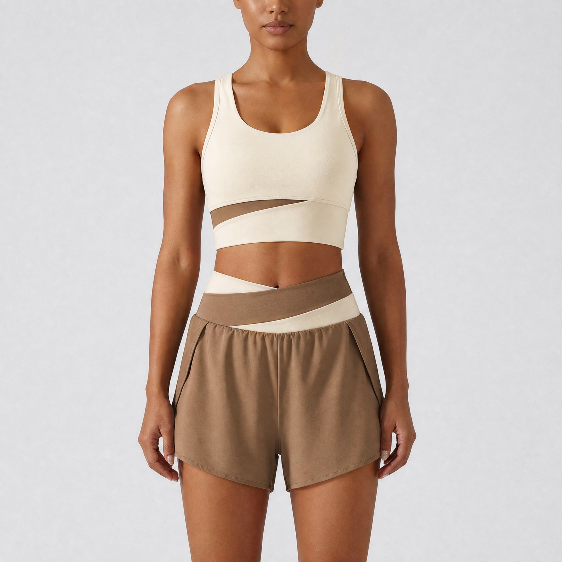 Color-block Sports Top And Shorts Set For Women