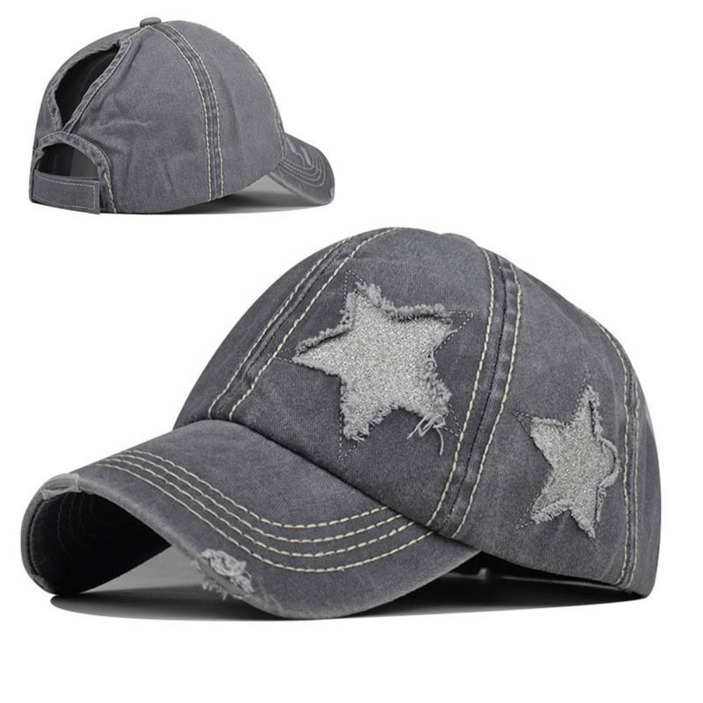 Summer Women's Washed-out Distressed Sequined Five-point Star Baseball Cap For Summer Outings, Sister Gatherings, Trendy Retro Style Hat
