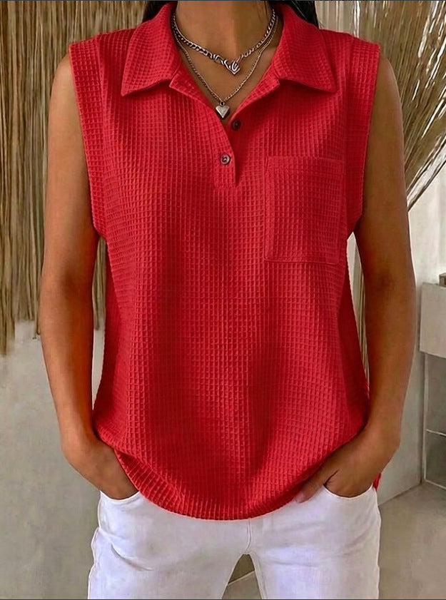Womens Solid-color Knitted Polo-neck Sleeveless Shirt Vest