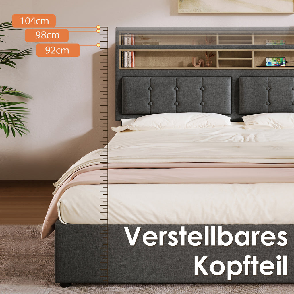 Sofa Bed With USB C Charging Socket, Storage Bed Frame Made Of Linen Material, Youth Bed 160X200 Without Mattress.