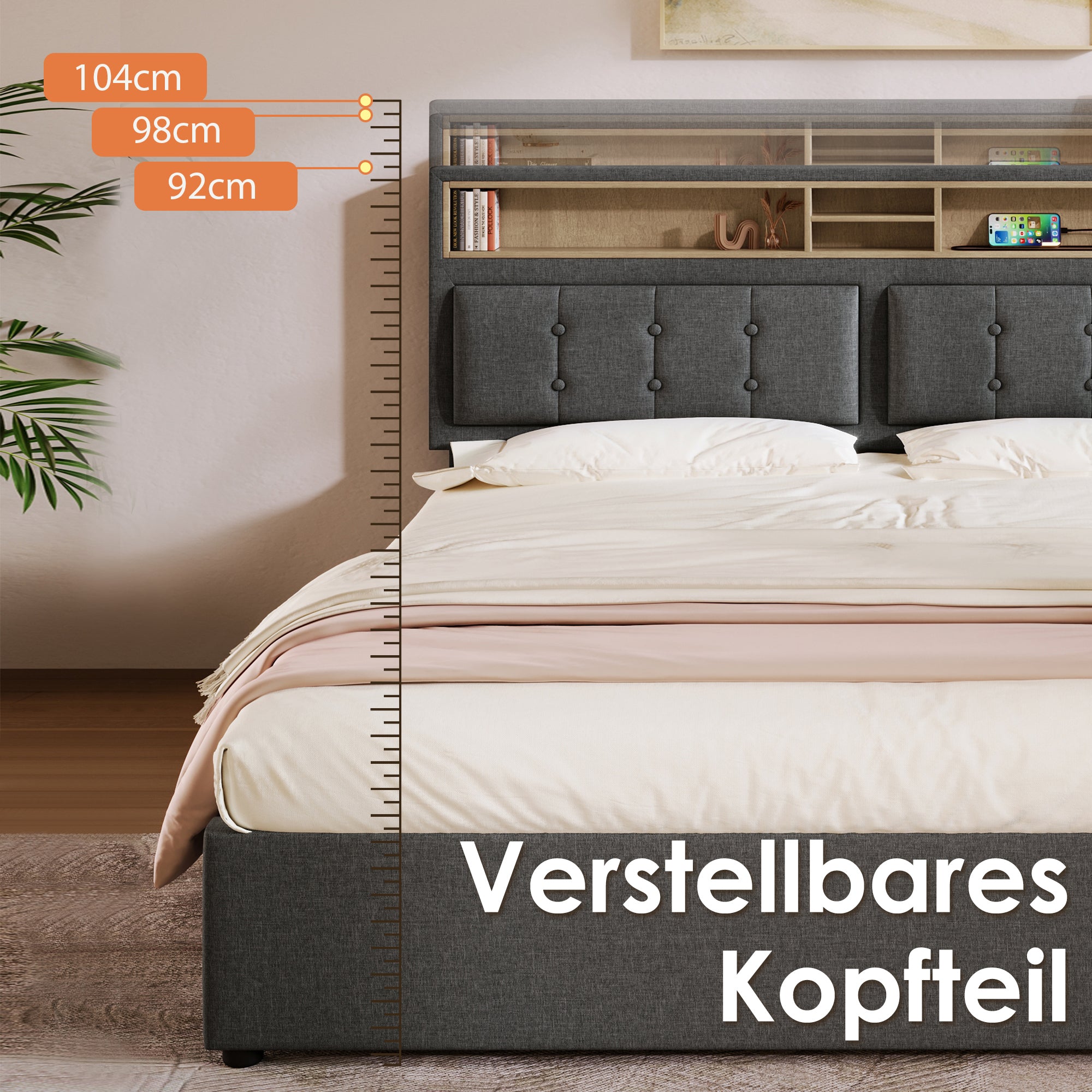 Sofa Bed With USB C Charging Socket, Storage Bed Frame Made Of Linen Material, Youth Bed 160X200 Without Mattress.