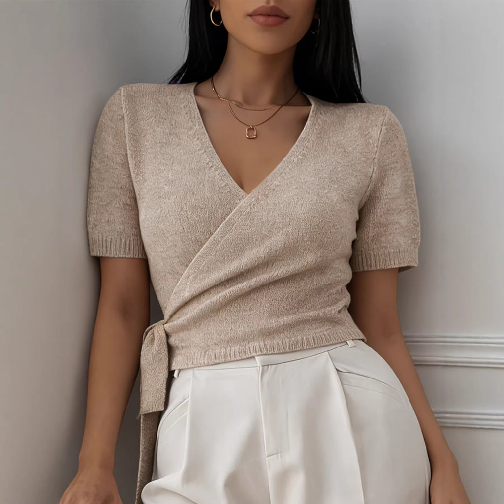 V-neck Knitted Short-sleeve Top With Tie Detail