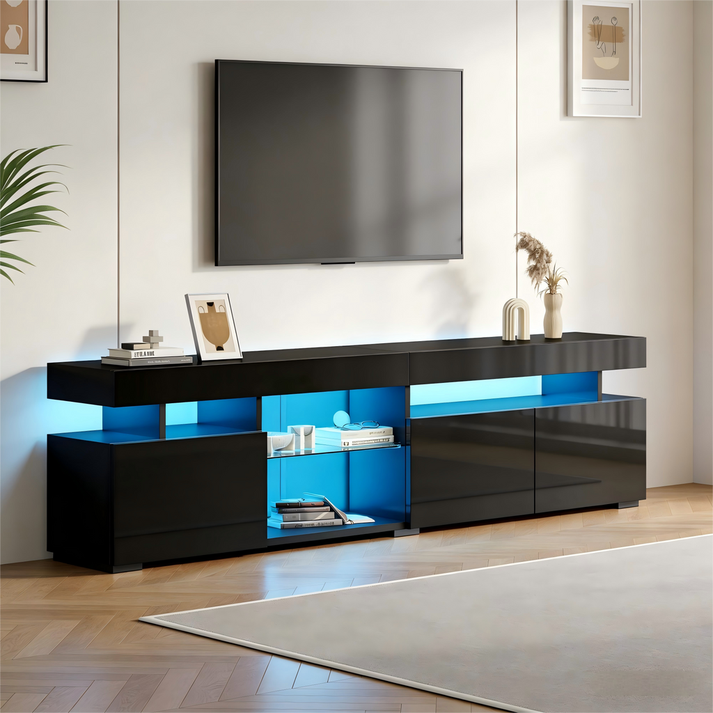 180 X 35 X 45 Cm TV Cabinet, Lowboard, High-gloss TV Cabinet With 3 Doors, Adjustable Shelves Made Of Tempered Glass, Suitable For TVs Up To Approx. 80 Inches, Chipboard, Black