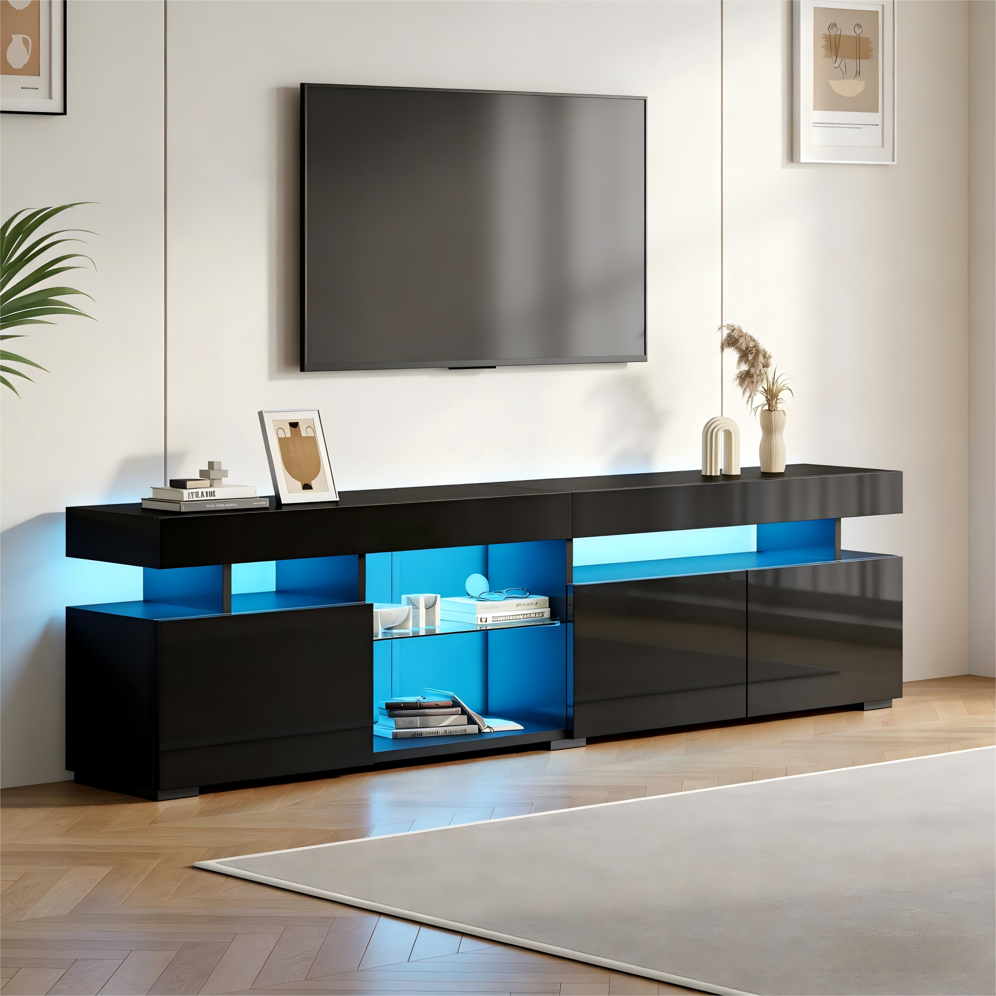 180 X 35 X 45 Cm TV Cabinet, Lowboard, High-gloss TV Cabinet With 3 Doors, Adjustable Shelves Made Of Tempered Glass, Suitable For TVs Up To Approx. 80 Inches, Chipboard, Black