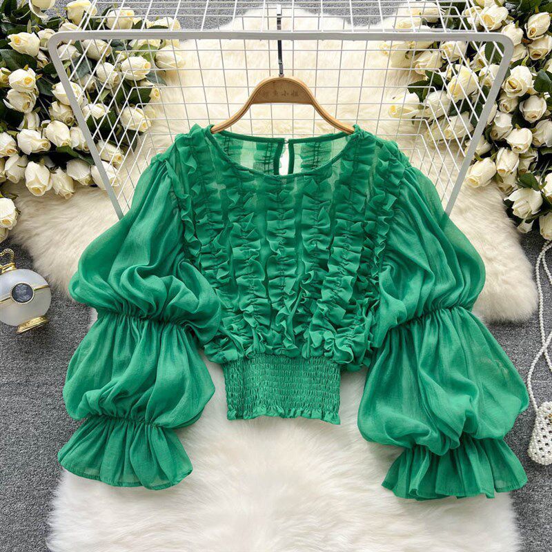 Womens Solid-color Ruffled-edged French-style Puff-sleeve Top