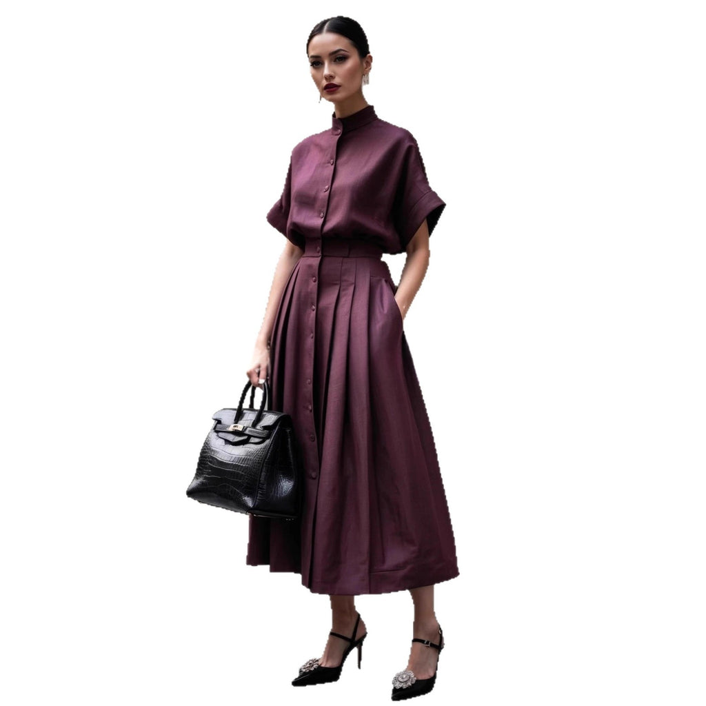 Solid-color Short-sleeve Turtleneck Top With Pleated Long Skirt