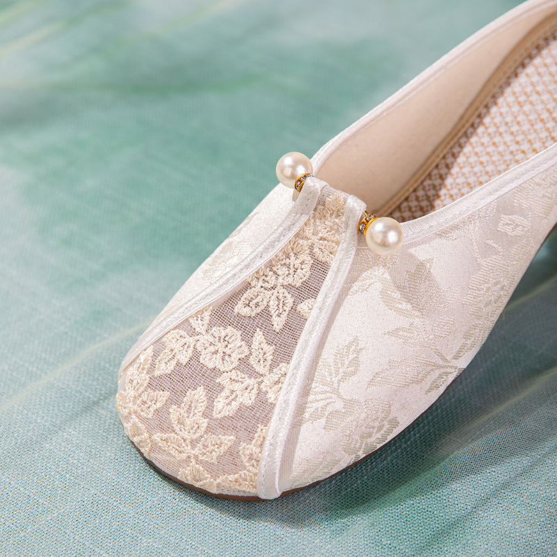 Embroidered Mesh Mule Slippers - Pearl Tassel Summer Breathable Cloth Shoes, Elegant Low-Heel Women S Shoes