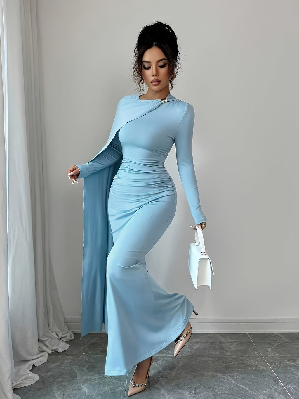 Womens AutumnWinter New Elegant Sky-Blue Versatile Dress