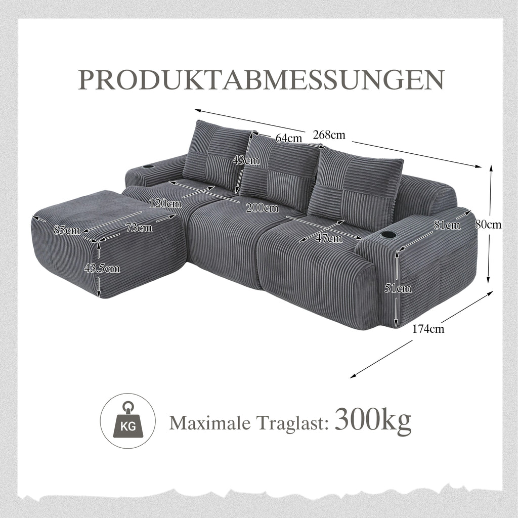 Modular Corduroy Sofa For 3 People  With Stools , Freely Combinable, Including Cup Holder And Side Storage Bag, Ideal For Living Room, Family Room And Other Rooms.