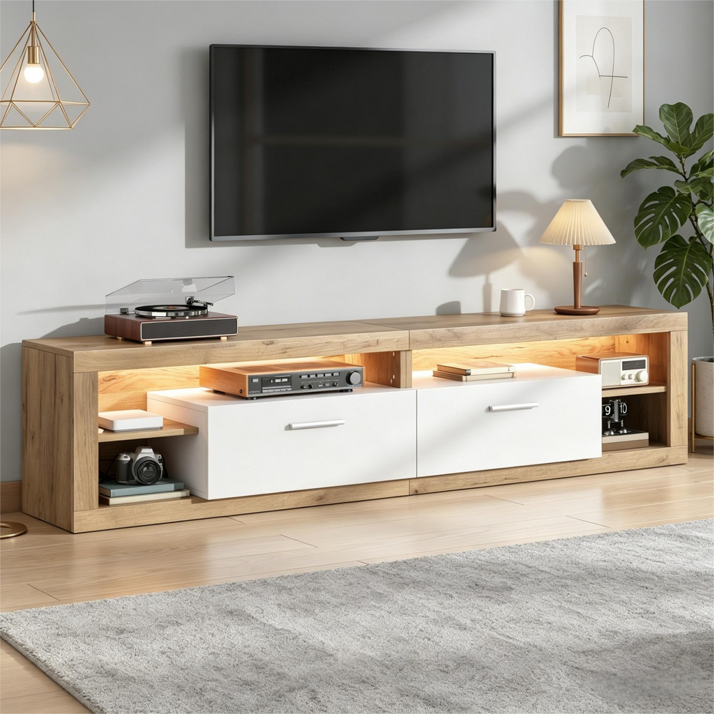 TV Cabinet 180x35.5x50cm With App-controlled LED, 2 Drawers & 4 Open Compartments, TV Cabinet, Lowboard Made Of Chipboard, Loadable Up To 30kg, Suitable For 75 Inch TVs, Natural Wood Color  White