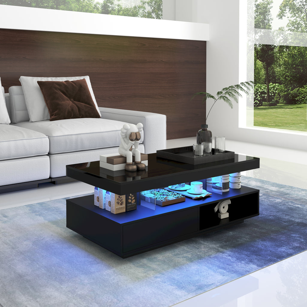 Schwarzer Hochglanz-Couchtisch 95x50x42,5 Cm - Mit 4 Glasplatten, 2 Schubladen Und 2 Offenen Fachern, Unterschrank Fur Wohnzimmer, Couchtisch