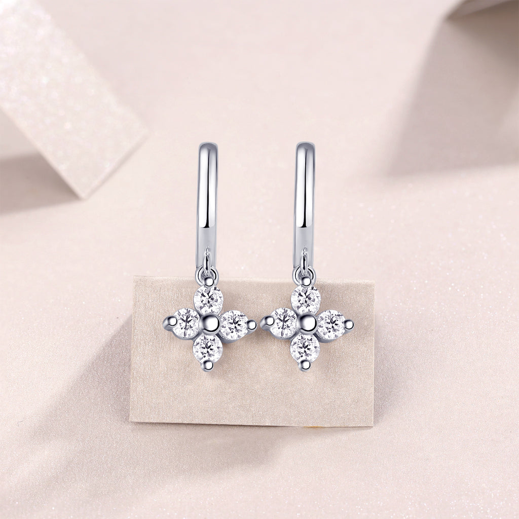 S925 Sterling Silver Clover Drop Earrings, D-VVS1 Moissanite Huggie Dangle, Platinum Plated 3.8g Women's Jewelry Gift Box