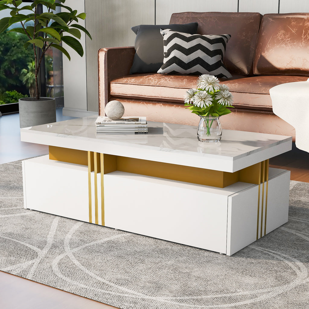N625P173142W Changed Materials Modern Rectangular Coffee Table With High-gloss Top, 2 Wooden Drawers, Marbled Tabletop, For Living Room,