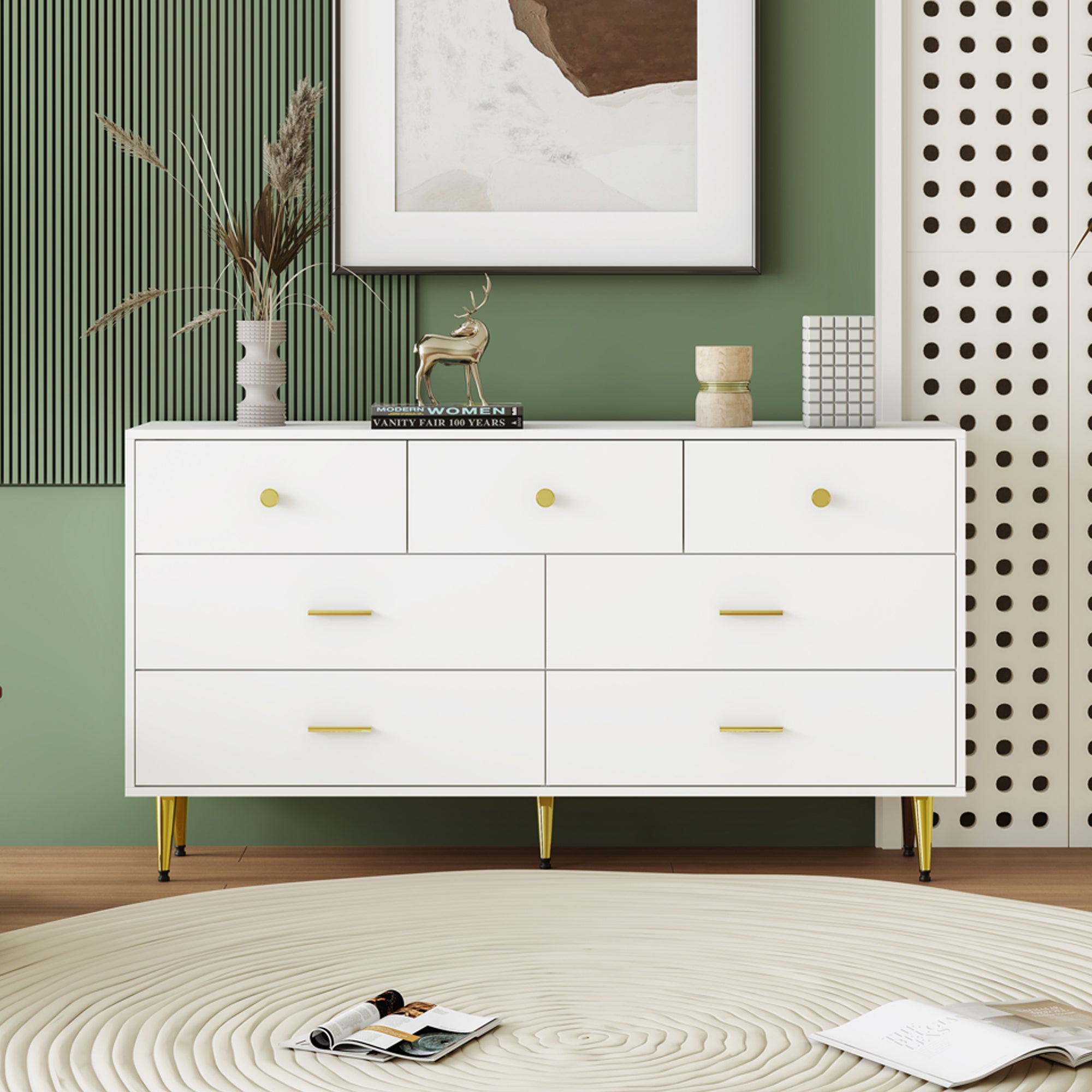 White Sideboard,7 Drawers, Gold Handles, Gold Legs, Smooth Drawer Runners, 140 X 35 X 76 Cm  Dining Room Sideboard  Kitchen Cabinet Storage Unit  Chest Of Drawers