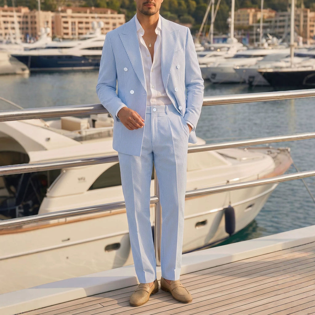 Mens Business Gentleman Striped Double-Breasted Suit Set