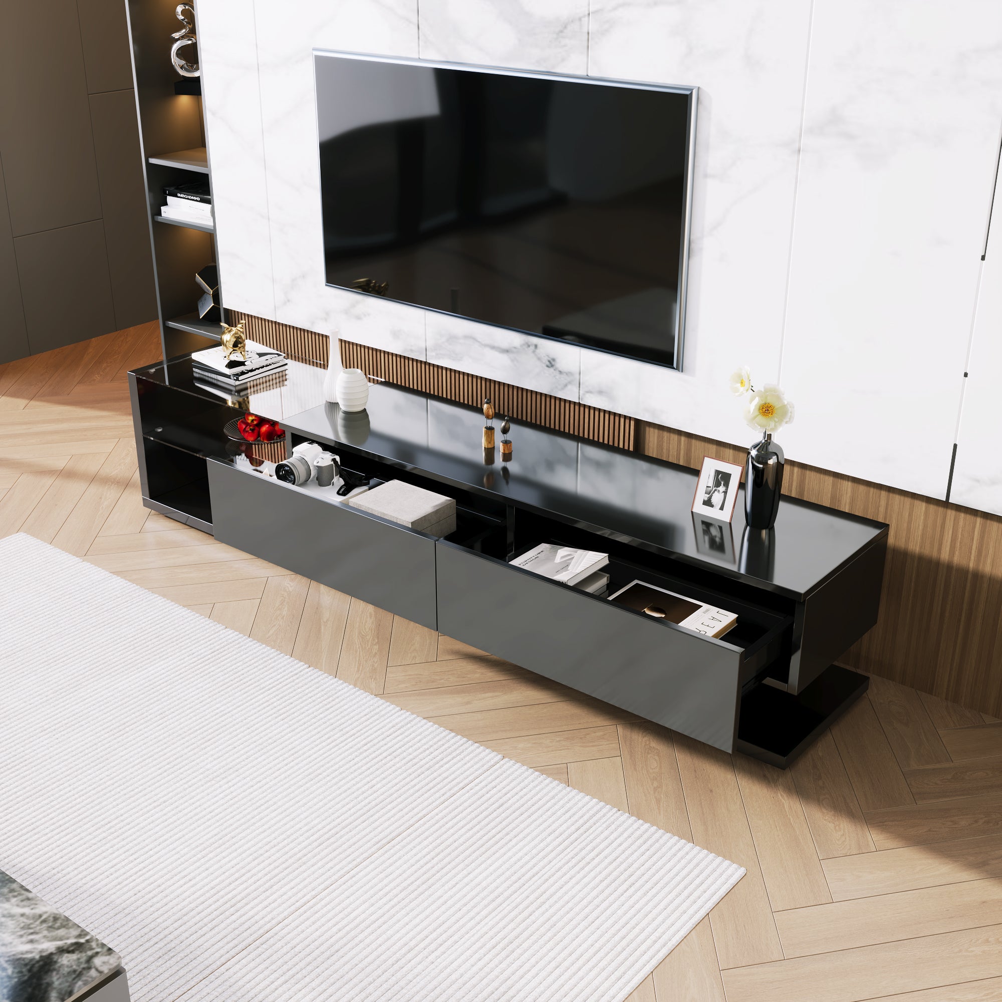 TV Cabinets, Lowboards, High-gloss Living Room Furniture. Glass Partitions And Variable LED Lighting. It Combines Natural, Rustic Style With Modern Design