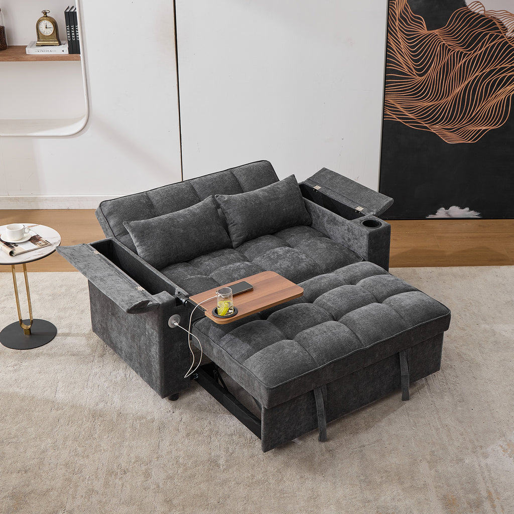 140.5x74x82cm Sofa Bed 3-in-1 Pull-Out Sofa, With Adjustable Backrest, USB Port, 2-Seater Sofa Lounge Sofa Daybed Foldable Pull-Out,Equipped With Hidden Table, Cup Holder, Grey
