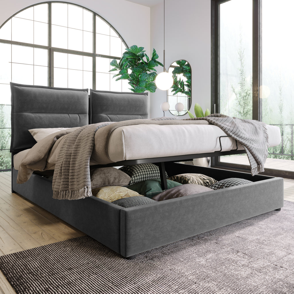 Hydraulic Double Bed Upholstered Bed 140x200cm,Adjustable Headboard, Bed With Metal Frame In Metal Frame, Velvet, Modern Bed Frame With Storage Space, Large Storage Space, Grey Without Mattress