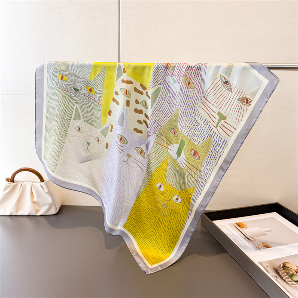 Cartoon-printed Cat Small Square Scarf With Silk Satin Surface. Cute Animal Print Decorative Headscarf. Fashionable And Versatile