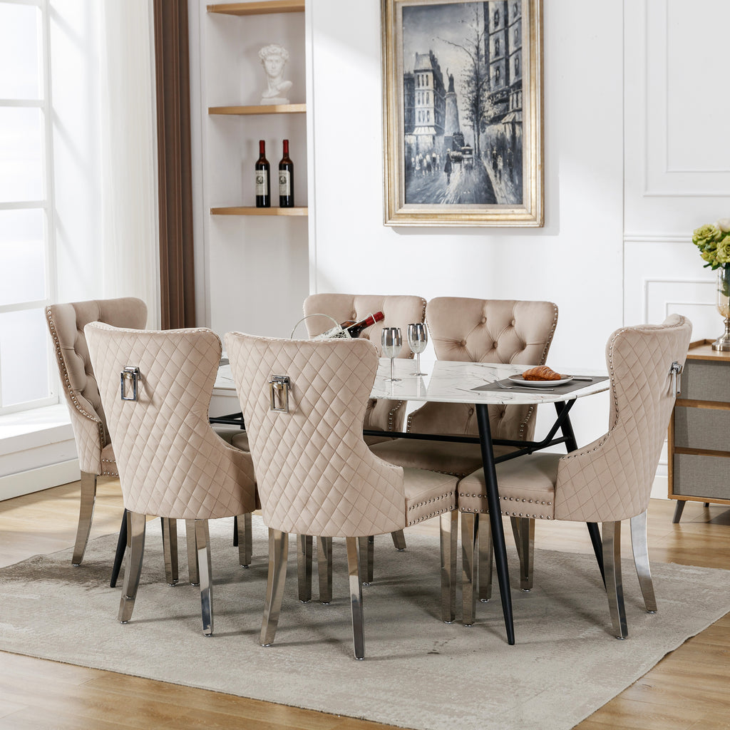 Dining Chair  Kitchen Chair Living Room Chair With Unique Doorknob On The Back, 6 Pcs , Upholstered Chair With Nail Head Set,Metal Support Legs, Velvet Cover,Beige