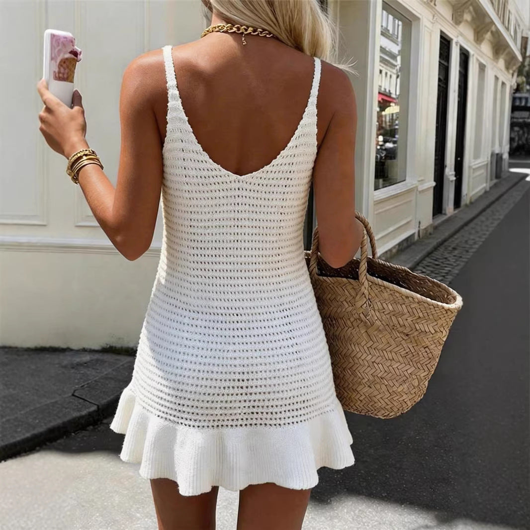 Womens Solid-color Sleeveless V-neck Dress With A Flounced Hem