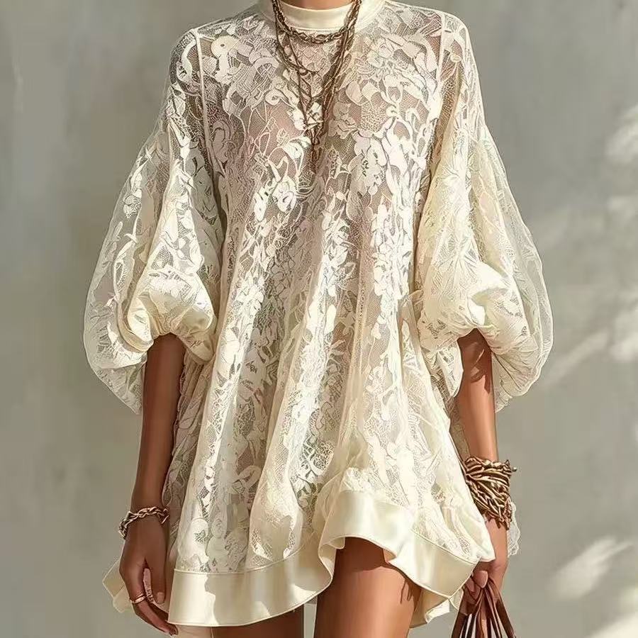 Womens Fashionable Casual Loose-fitting Lace Blouse