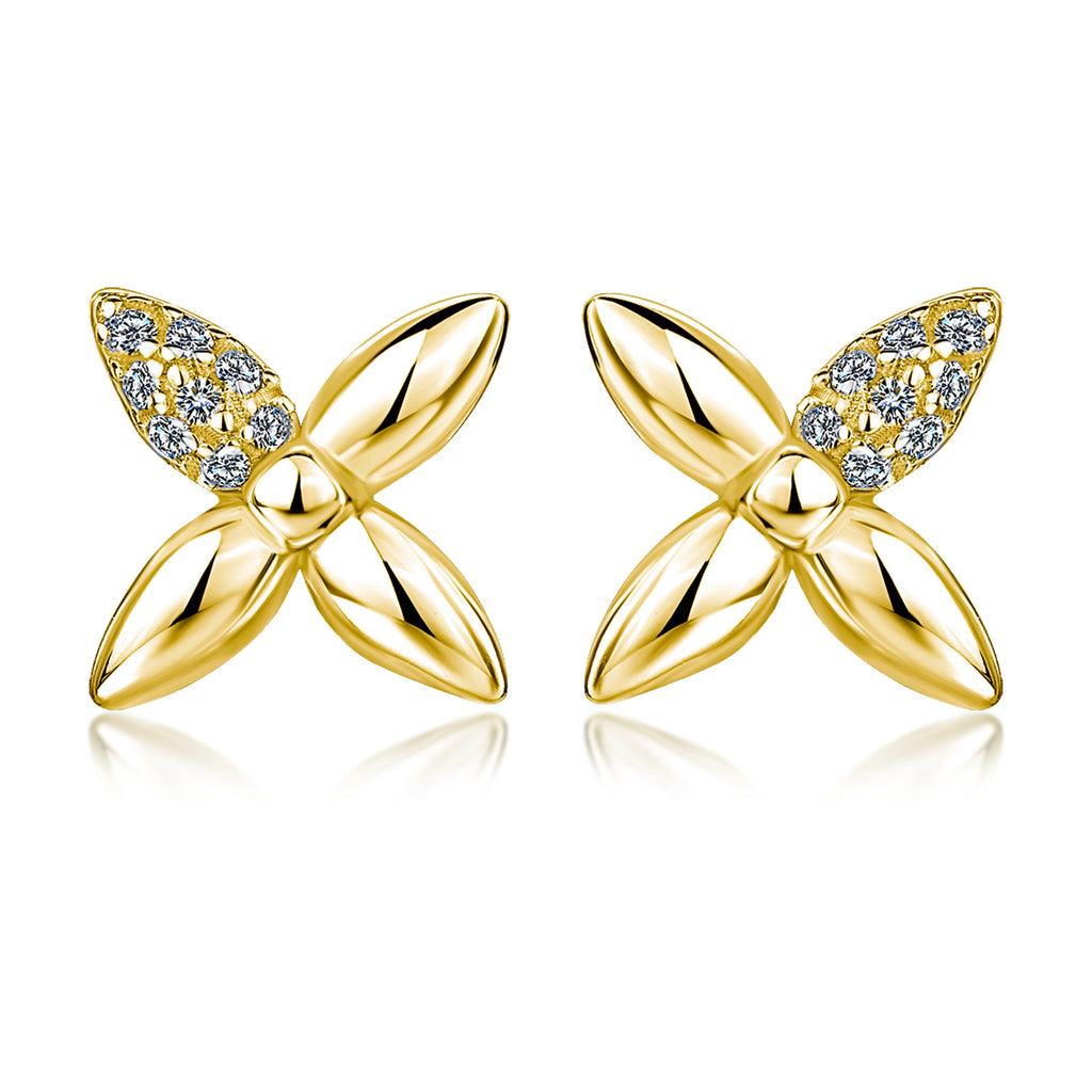 S925 Sterling Silver Four Leaf Stud Earrings, D-VVS1 Moissanite Pave Petal, Platinum Plated 2.1g Elegant Women's Jewelry Gift Box