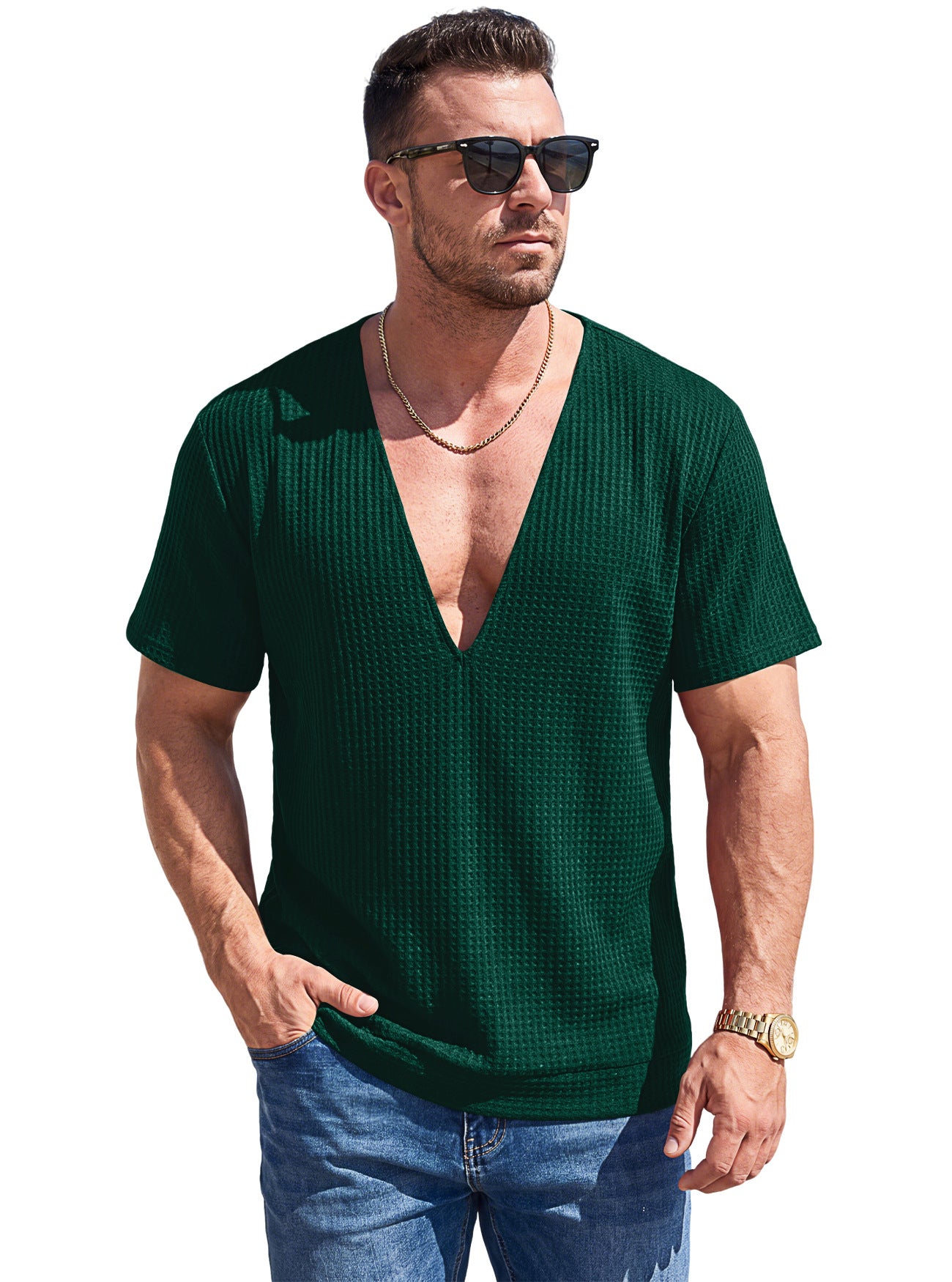 Mens Solid-Color Waffle-Weave Deep-V Short-Sleeve T-Shirt