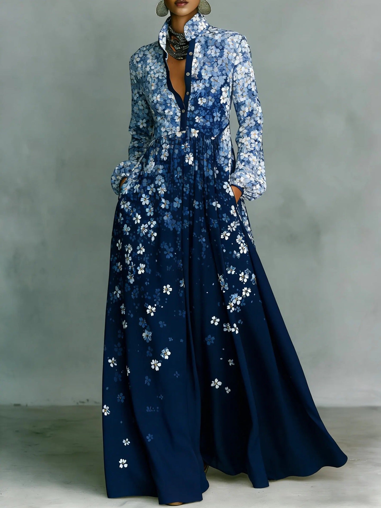 Womens Retro Casual Waist-Cinching Printed Dress